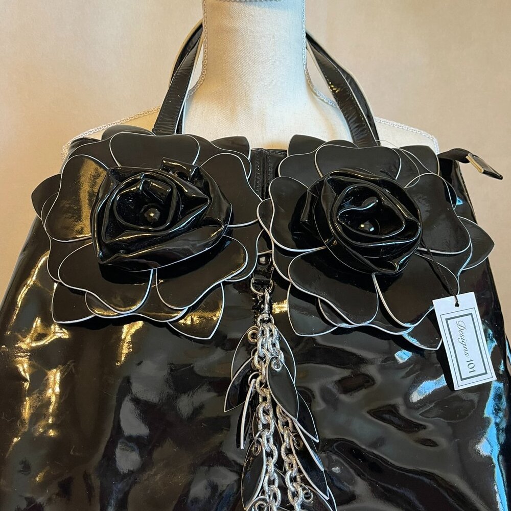 Black Patent Purse with Flowers and Charm - Crossbody Strap